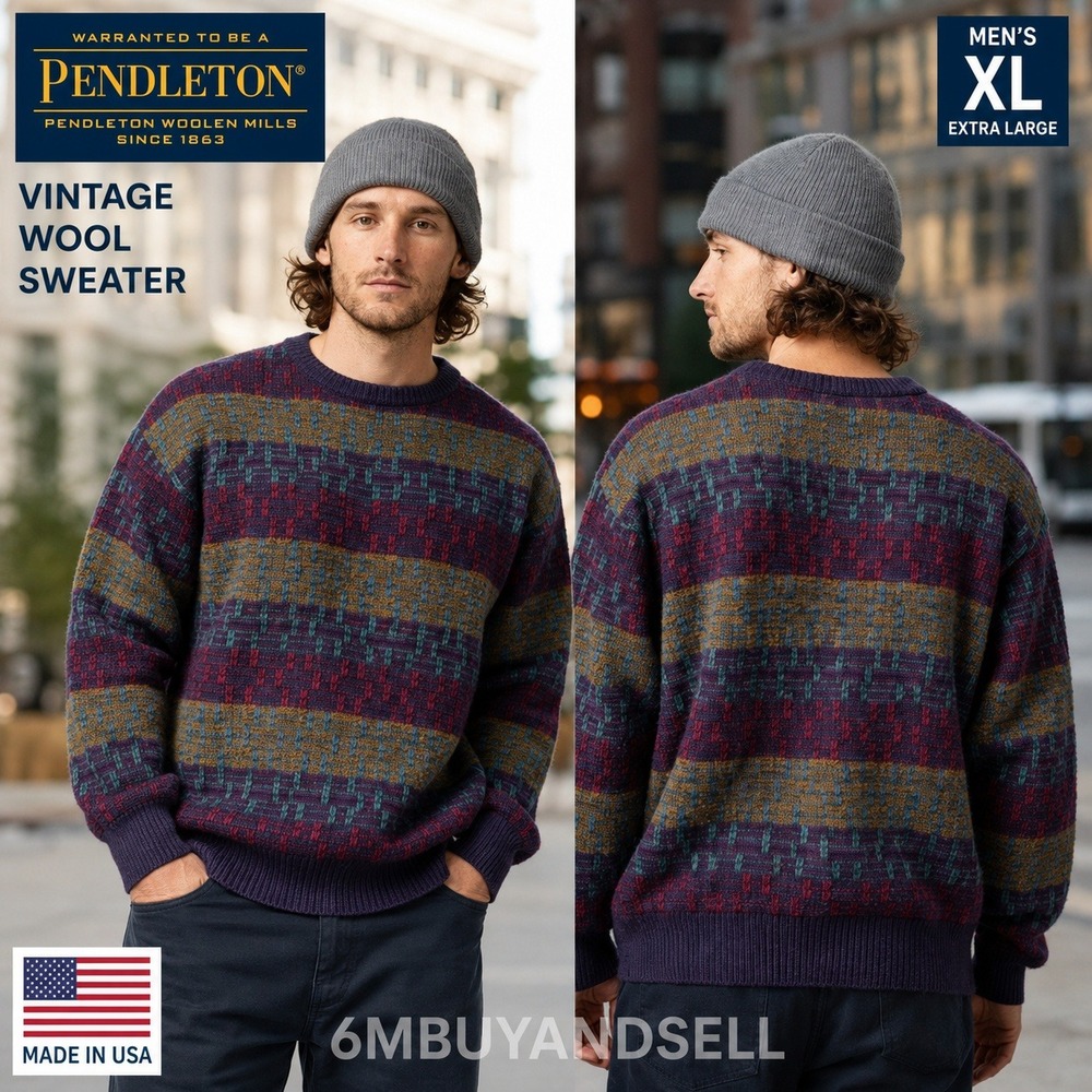 Vintage Pendleton Wool Sweater Mens XL Multi Color Geometric Striped Made in USA
